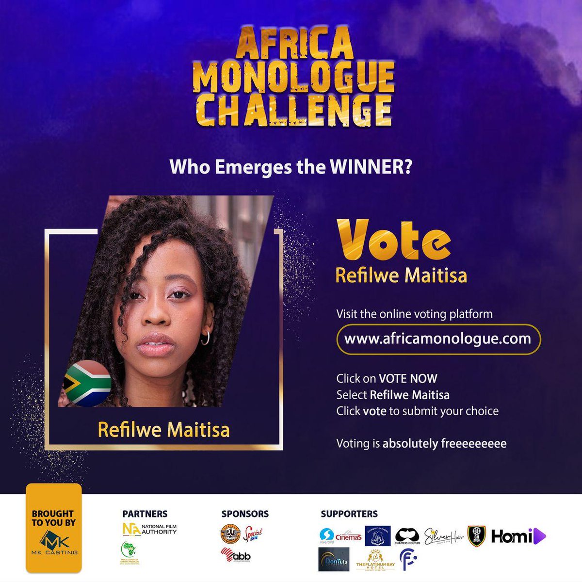 wills071's tweet image. @sellomkn Morena&apos;ka please vote for @RefilweMaitisa she&apos;s representing South Africa in Ghana #AfricaMonologueChallenge 

Link: africamonologue.com