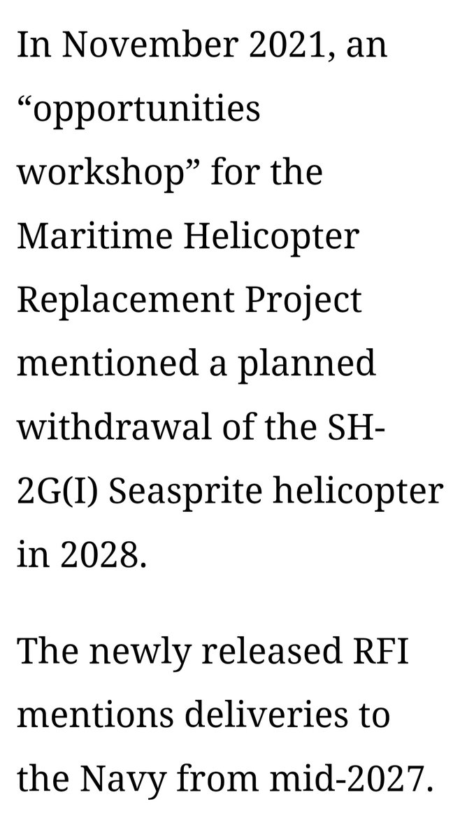 @exkiwiforces @sweeneygov @austdef Lol. The NZDF are not going to be introducing a new helicopter before the end of this year. Especially when the Royal Navy & Leonardo don't have nine aircraft to spare. The RFI is pretty clear about the timeline.

defensenews.com/air/2023/04/26…