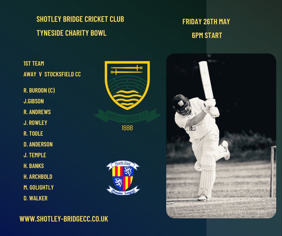 ⚔️ TONIGHT ⚔️

Tyneside Charity Bowl 2023.

SBCC 1st XI (Away) v @Stocksfield_CC 

⏰ - 6pm
📍 - Stocksfield Cricket Club
🚗 - NE43 7NN
🏆 - Tyneside Charity Bowl - Round 1

💚Support your club!💛