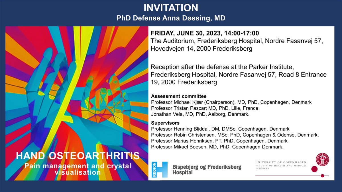I would like to invite everyone interested in hand #osteoarthritis to attend my PhD defense. There will be a reception (and hopefully a celebration) afterward. The defense is public and open to everyone interested. Please see the details in the attached invitation.
