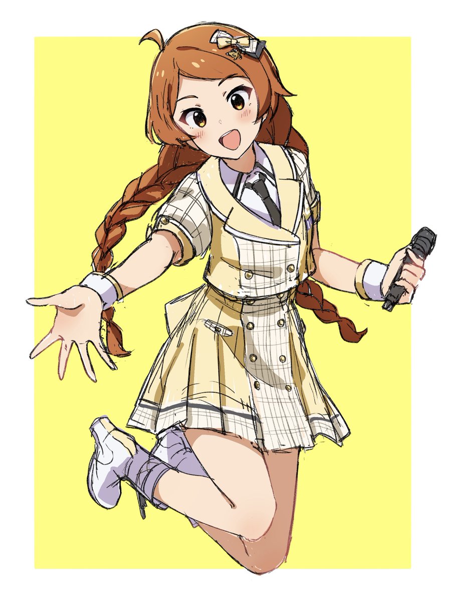 1girl braid solo holding microphone microphone holding skirt  illustration images
