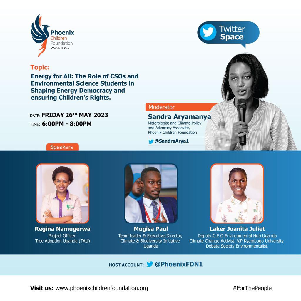 Today at 6pm , I will be speaking in @PhoenixFDN1’s Twitter Space about the role of CSOs in shaping Energy Democracy and ensuring Children’s Rights .

Tune in: twitter.com/i/spaces/1rmGP… 

#ForThePeople
#EnergyDemocracy