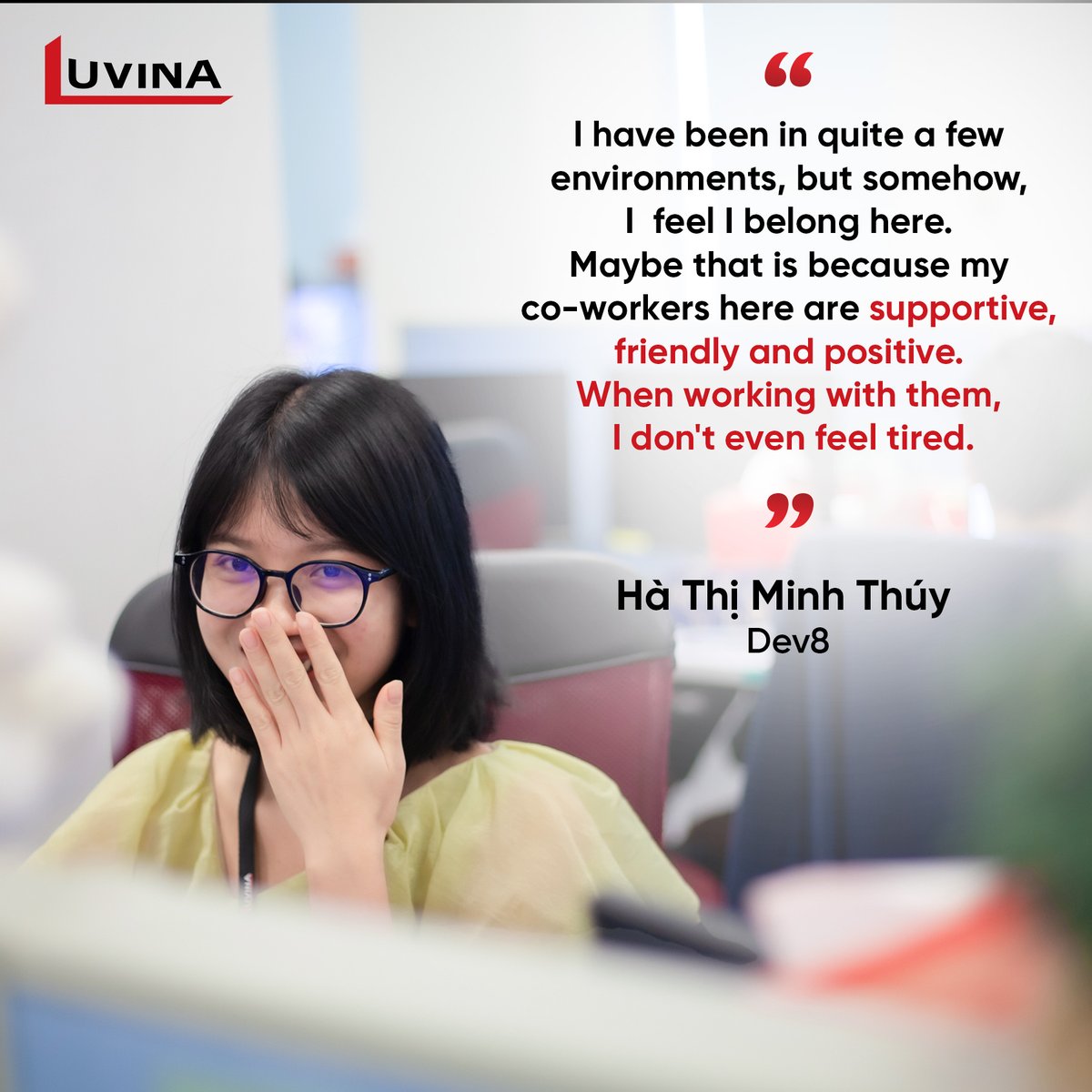 LuvinaGlobal's tweet photo. At the backstage of 100+ clients' successful projects are unsung humans of Luvina Software, who silently contribute to our mutual mission of dedicating Vietnam’s intelligence to the world. 

#luvina #IToutsourcing https://t.co/FqYVQZse4N