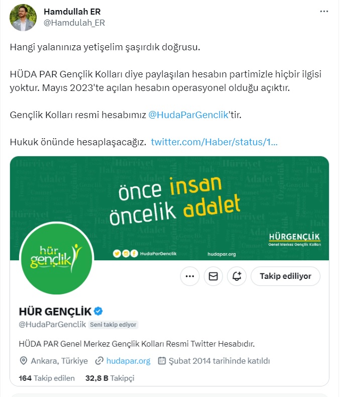HÜDA PAR logosuyla sahte hesap açıp 'deri altında dövme' mesajı paylaşan muhalefet trollerinin foyası dakikalar içinde ortaya çıktı.

CHP'li belediye çalışanı Ozan Balık'ın yaymaya çalıştığı sahte içeriğe HÜDA PAR Gençlik Kolları Başkanı Hamdullah Er tepki gösterdi: 

"Hangi