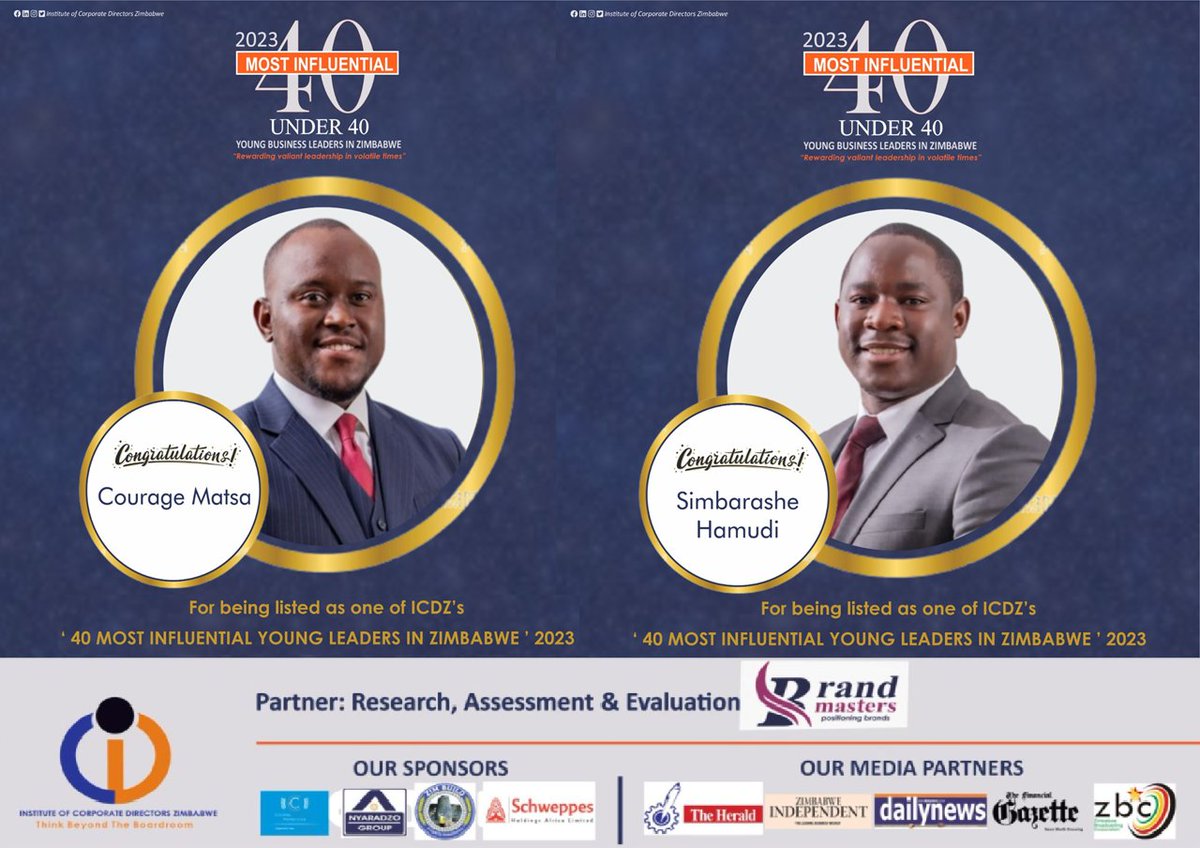 Congratulations to our very own CEO Courage Matsa and Tax Partner Simbarashe Hamudi on being awarded the top 40 under 40 most influential leaders by Institute of Corporate Directors Zimbabwe . We are so privileged to be led and served by you both.

#feelingempowered

#bakertilly