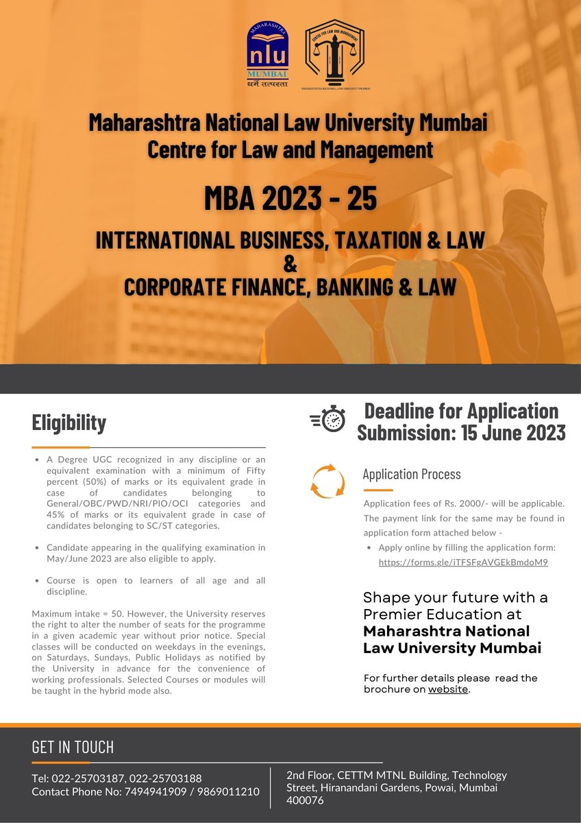 Admissions for MBA 2023-25 INTERNATIONAL BUSINESS, TAXATION & LAW & CORPORATE FINANCE, BANKING & LAW are open. Course brochure at the official website:lnkd.in/dfeKCHB4