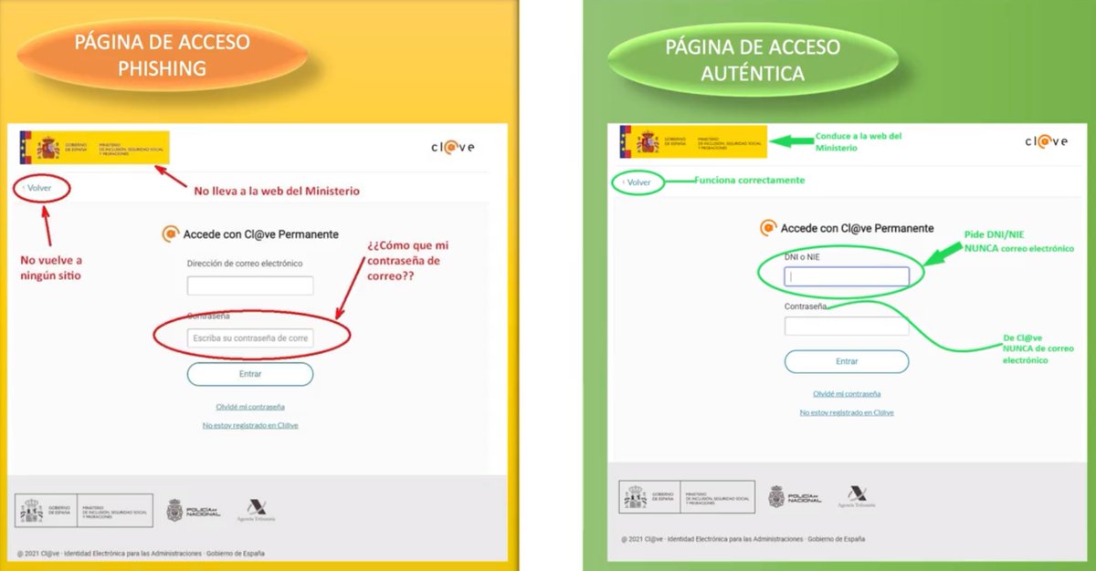 javierderamon's tweet photo. Hay personas en Internet que intentan robarte los datos, con formularios, emails, etc. 
🚫En los correos FALSOS se facilitan enlaces  a una página de identificación Cl@ve simulada, donde te piden el correo electrónico y la contraseña. 
Mira el ejemplo de #phishing 📷👇 https://t.co/P3O0NKpsCS