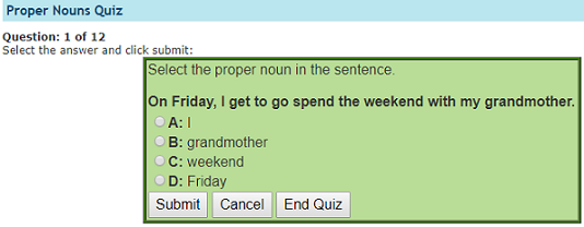 INFO: Proper Nouns Quiz. Twelve question quiz. Select the proper noun in each sentence. i4c.xyz/6pmhltu #edchat #7thchat #8thchat #9thchat #langarts #ela #engchat #reading #Quiz