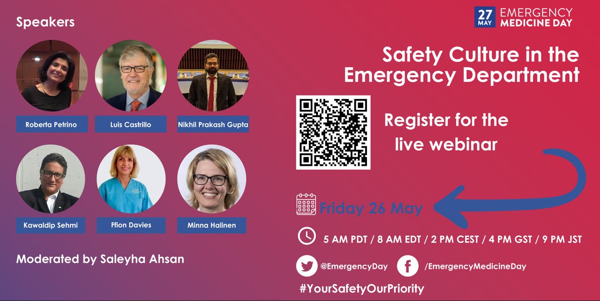 Today 26 May at 14:00 CEST join us on the topic of safety culture in the ED. Great speakers will represent WHO, IAPO, IFEM, EUSEM and more. We'll look at solutions from different perspectives. ow.ly/HWjL50OtYTb #YourSafetyOurPriority #EmergencyMedicineDay @EuropSocEM