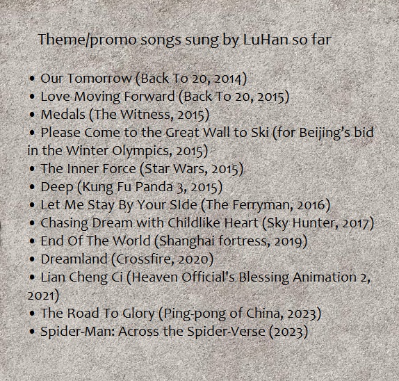 lu01042012's tweet photo. Theme songs sung by #SingerLuHan so far https://t.co/6YmVihAlPU