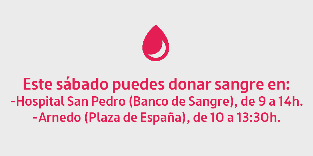 🗓️Hoy puedes donar sangre en:
🏥#HospitalSanPedro, de 9 a 14h.
🚌#Arnedo. Plaza de España, de 10 a 13:30h. 

✅Dona sangre si te encuentras bien de salud y tienes entre 18 y 65 años
☎️941298494
💻bancosangrerioja.org