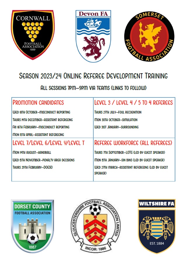 We are teaming up with our neighbouring County FA's to offer referees online development training ⬇️

For any queries regarding this training, please email - richard.mason@devonfa.com 📩

#DevonFootball