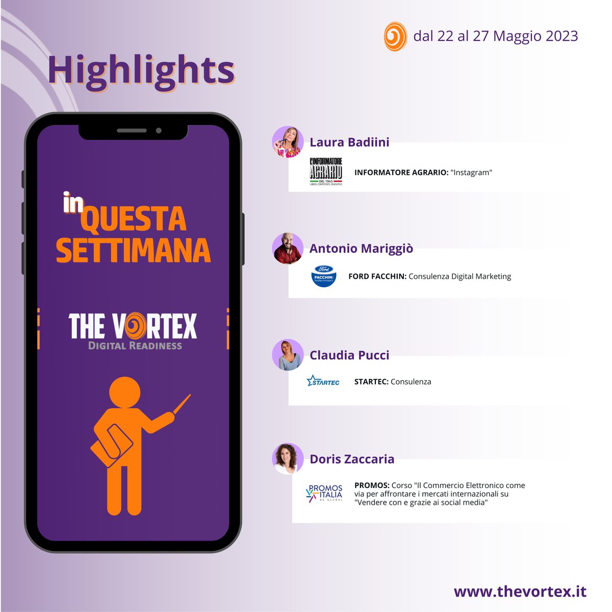 Highlights della settimana. Dalle consulenze in azienda alle formazioni in aula, scopri tutti gli appuntamenti The Vortex dal 22 al 27 Maggio.

thevortex.it
#thevortex #highlights

<a href="/ugobenini/">Ugo Benini</a>  <a href="/andrea_boscaro/">Andrea Boscaro</a>  <a href="/paologuaitani/">paolo guaitani</a>  <a href="/NicolaMauri/">Nicola Mauri</a>