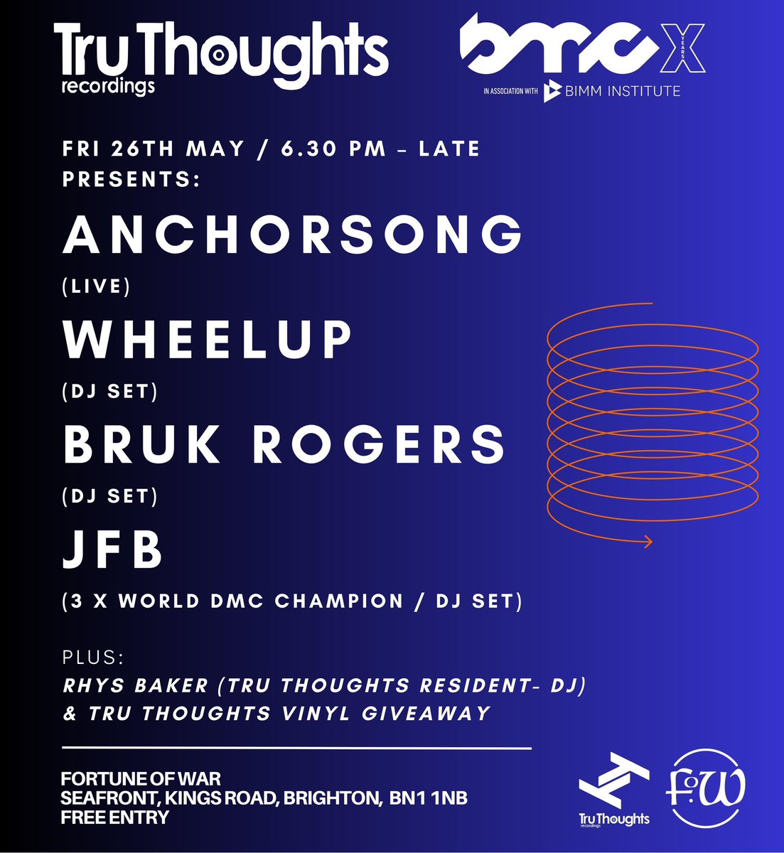 🔵 T O N I G H T ! 🔵 Tru Thoughts X @BrightonMusicCo We're back on #brightonseafront at @fortunebrighton from 6:30 for a #BMC23 party. Live music from @Anchorsong, DJ sets from @DJWheelUP, @BrukRogers & @jfbscratch + a vinyl giveaway. #Brighton