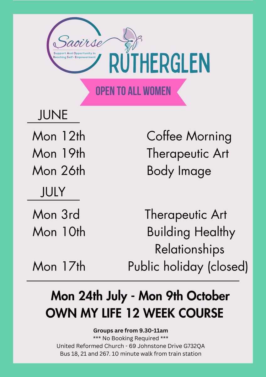 Our new timetable is ready! We are delighted to offer the incredible 12 week Own My Life course running from August to October. Please share 📢
Open to ALL Women.
#southlanarkshire #ownyourlife #opentoallwomen
#womensgroup #lanark #eastkilbride #blantyre #rutherglen