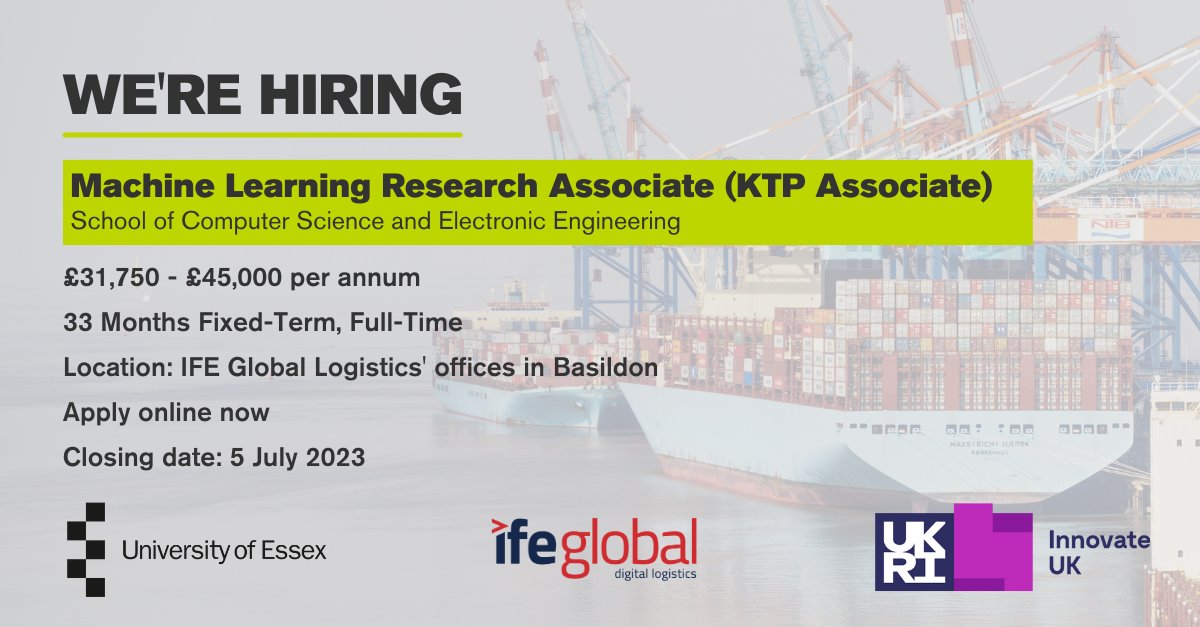 Business Innovation & Enterprise at Essex (@uoe_business) on Twitter photo 💡 We’re Hiring 🚢 We’re looking for a Machine Learning Research Associate (KTP Associate) to join a new #KTP between the <a href="/Uni_of_Essex/">University of Essex</a> and <a href="/IFEGlobalUK/">IFE Global Digital Logistics</a>.
Keen to find out more? Download the full job pack now and apply today! 👇
📍 tinyurl.com/KTPAssociateRo… 💡 We’re Hiring 🚢 We’re looking for a Machine Learning Research Associate (KTP Associate) to join a new #KTP between the <a href="/Uni_of_Essex/">University of Essex</a> and <a href="/IFEGlobalUK/">IFE Global Digital Logistics</a>.
Keen to find out more? Download the full job pack now and apply today! 👇
📍 tinyurl.com/KTPAssociateRo…
