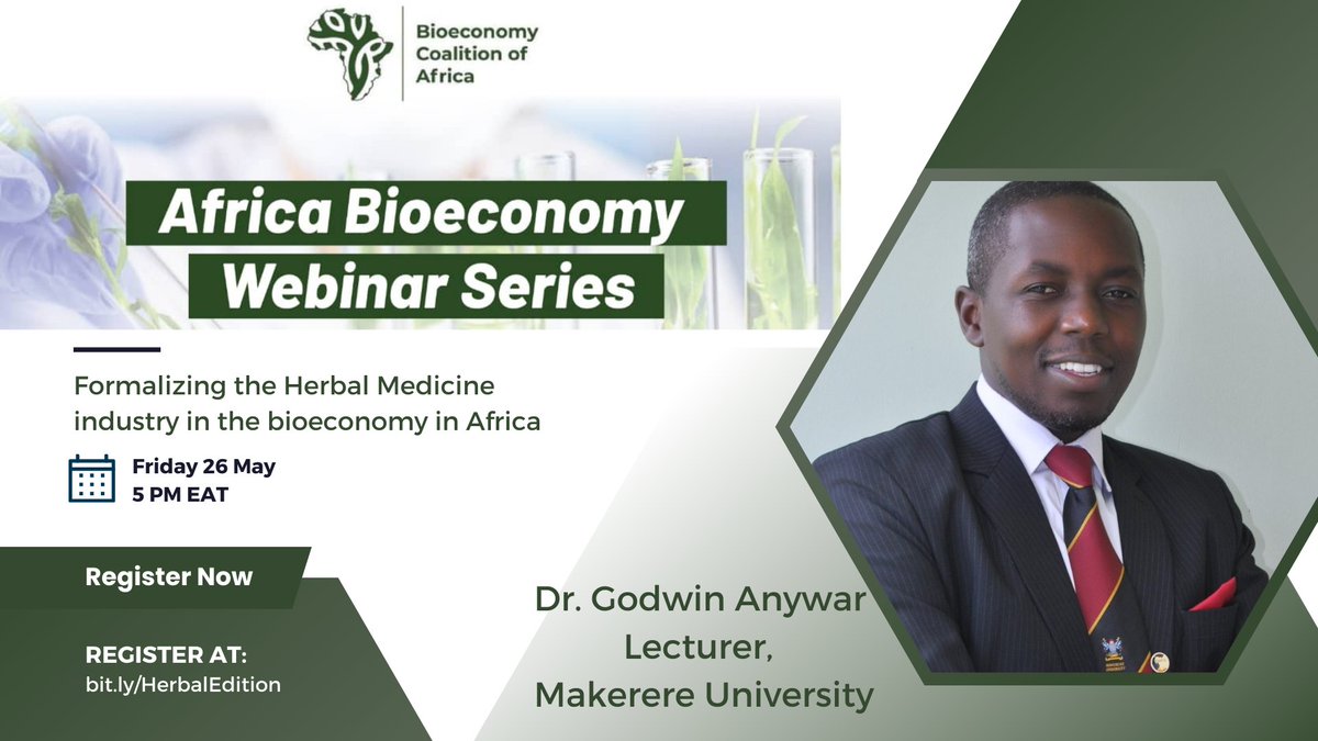 Join us #today for a webinar on ❓Formalizing the Herbal Medicine industry in the bioeconomy in Africa. Learn how plants can offer natural solutions for health, wellness & sustainability with Dr.@anywar_godwin of @MakCoNAS 
🕙5 PM GMT+3
🔗Register bit.ly/HerbalEdition 🌿🌎💻