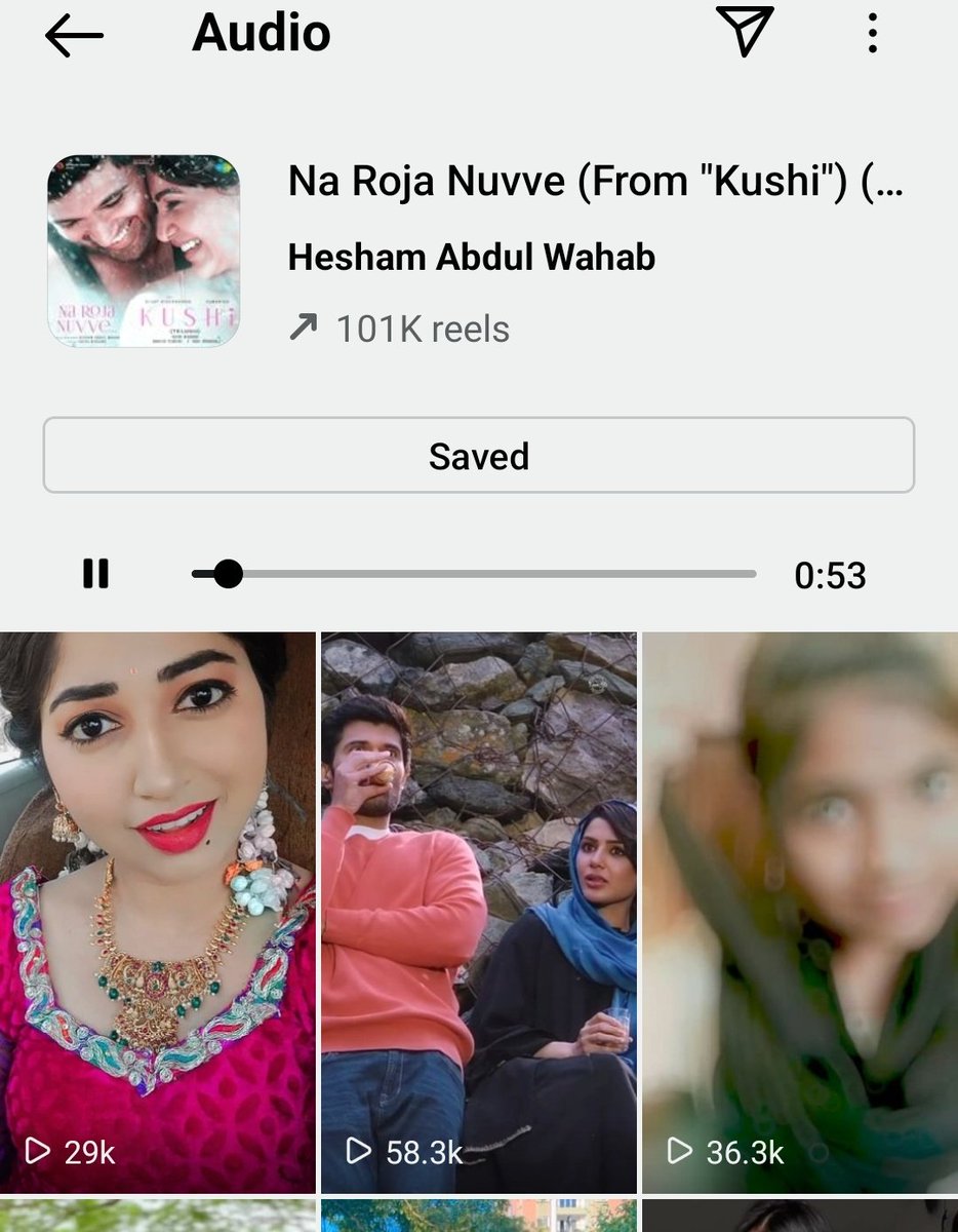 100 K+ Reels On Instagram For THE #VijayDeverakonda's #Kushi
#NaRojaNuvve Song Audio ❤️

@TheDeverakonda @Samanthaprabhu2 @MythriOfficial @ShivaNirvana
@HeshamAWMusic

Here Is The Link 🖇️ : 👇
instagram.com/reels/audio/16…