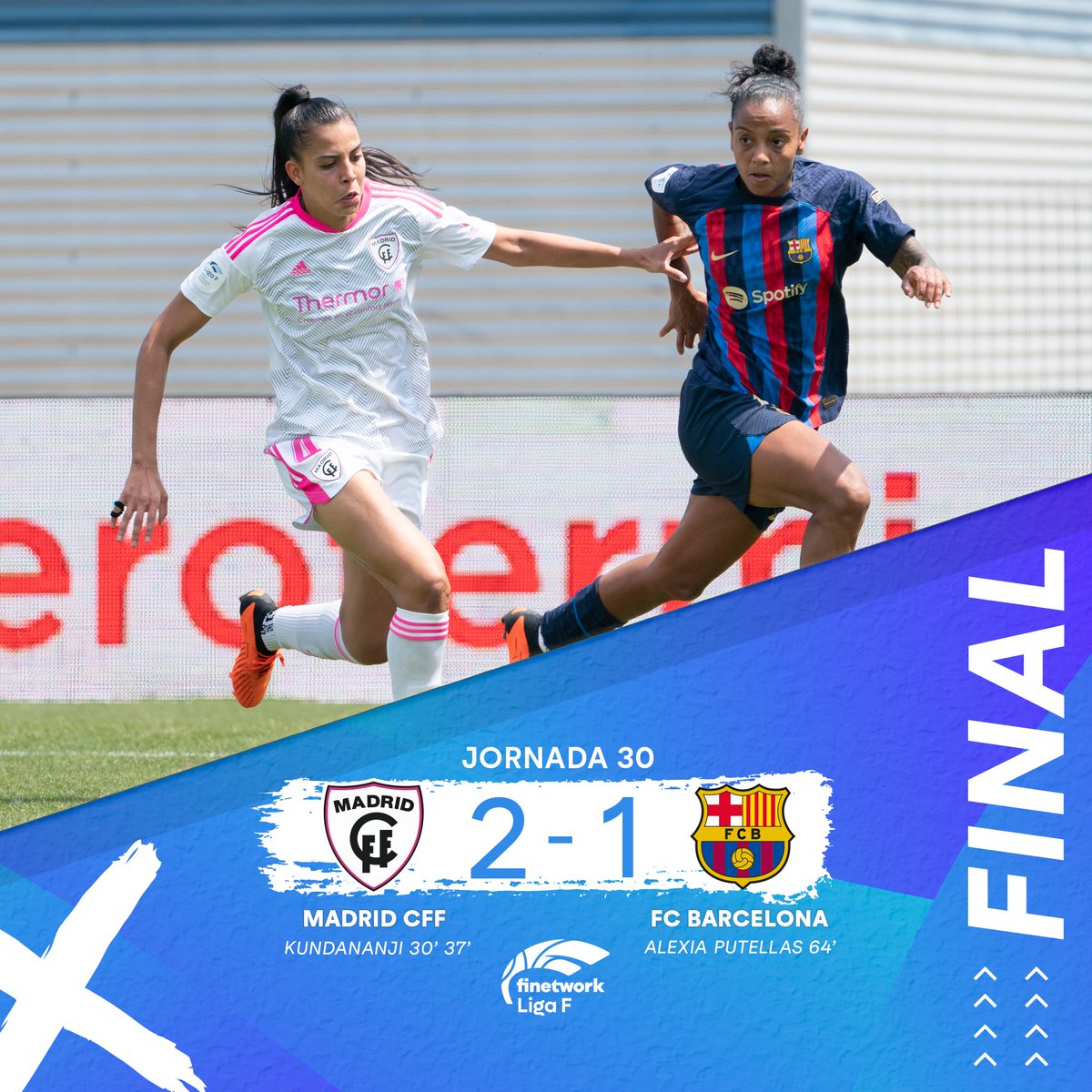 AfricaFactsZone's tweet photo. Zambia’s Racheal Kundananji ended Barcelona Femení’s 64-game unbeaten league run with a brace for Madrid CFF.

She finished as the Spanish Women’s League's Second Top Scorer with 25 goals in 30 games. https://t.co/1hHBOjWw82