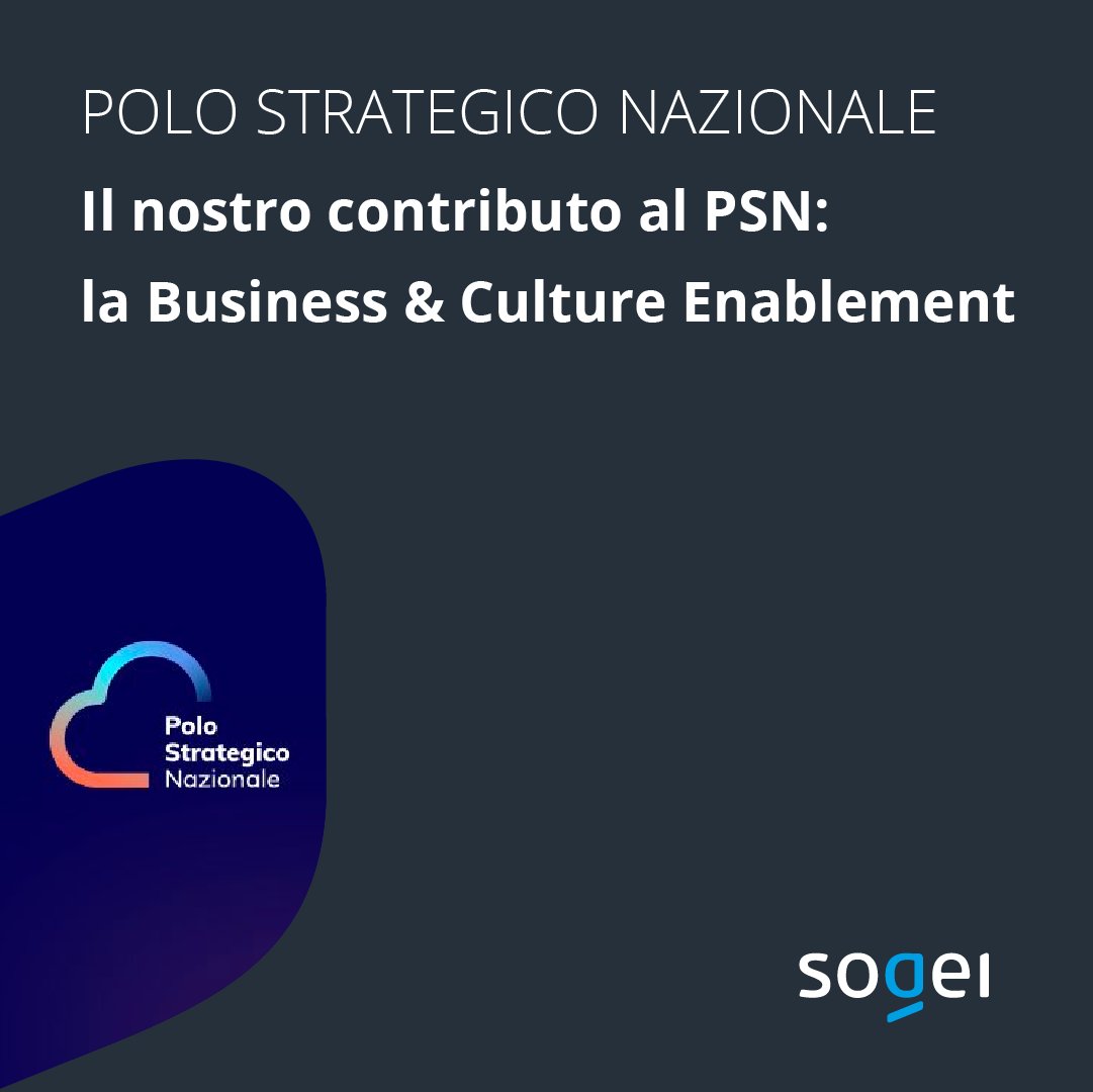 Cosa facciamo #NoidiSogei per il #PoloStrategicoNazionale ?
Ci occupiamo di Business &amp; Culture Enablement, con servizi di #ChangeManagement, #formazione in e-learning e supporto specialistico.

Leggi la news: sogei.it/it/sogei-homep… 

Visita il sito: polostrategiconazionale.it