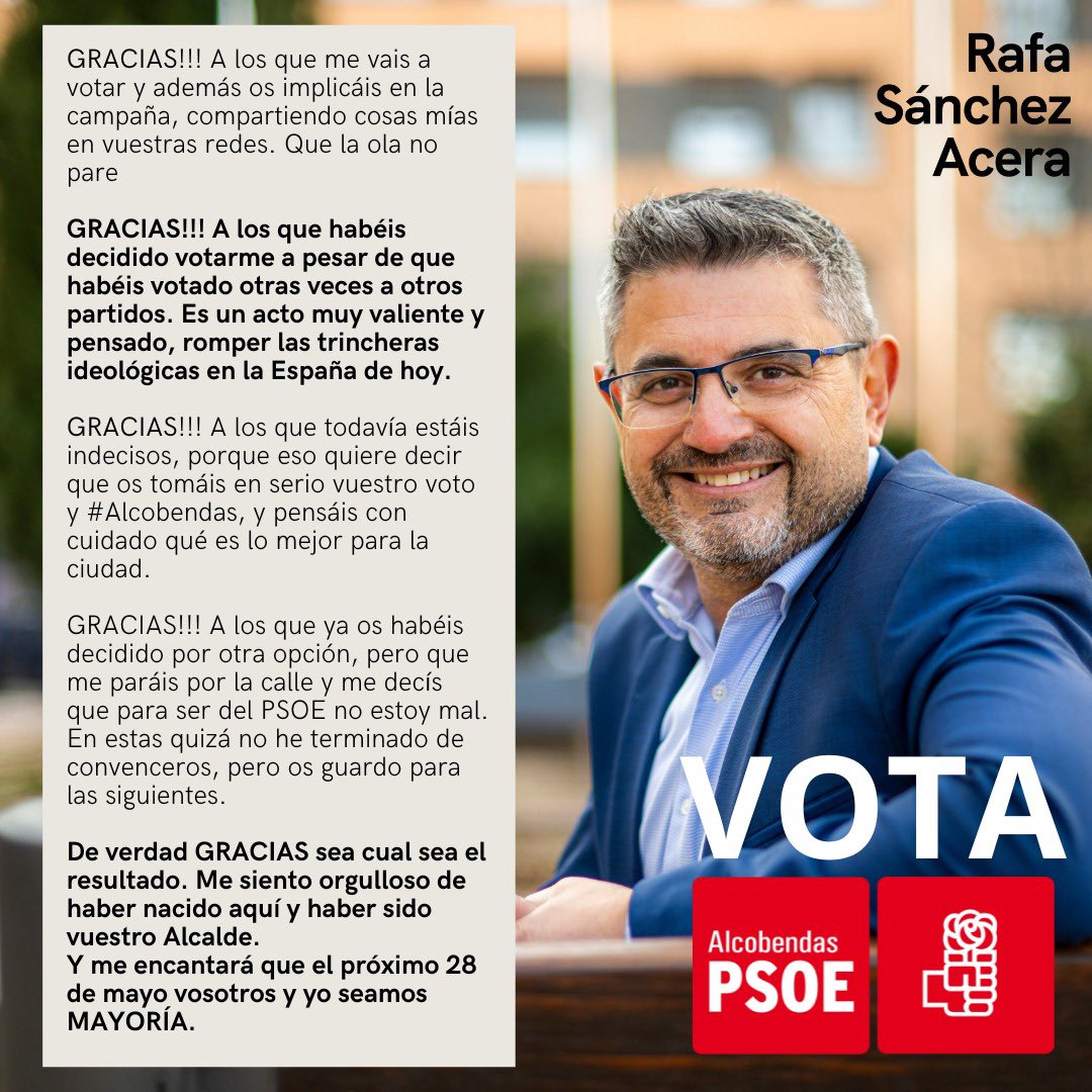 Este #28M votar 🗳️ #Alcobendas es votar Rafa Sánchez Acera @R_sanchezacera 
Votar 💚 #Alcobendas…. SÍ!! 
👉🏻 Superando debates y trincheras ideológicas que traen y llevan los que no tienen proyecto de ciudad.