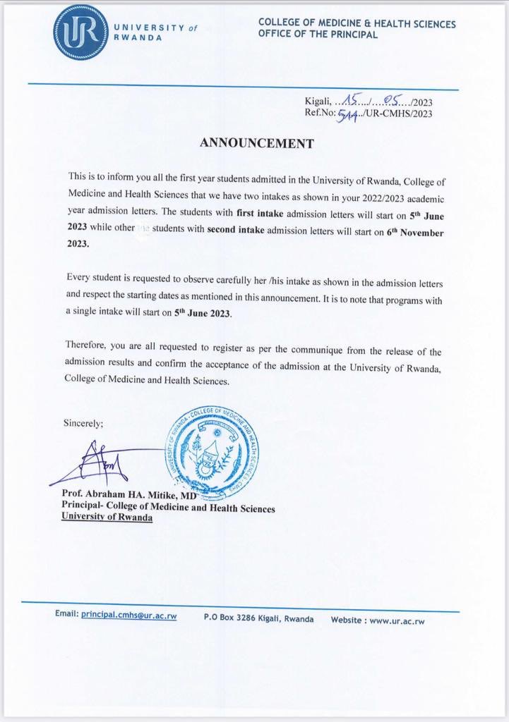This is to inform all 1st year students admitted in ⁦<a href="/UCmhs/">UR-CMHS</a>⁩ that we have two intakes as shown in your 2022/23 academic year admission. Students with first intake admission start 5th Jun 2023, while students on 2nd intake start on 6th November 2023. ⁦<a href="/KabagambeI/">Ignatius R. Kabagambe</a>⁩.