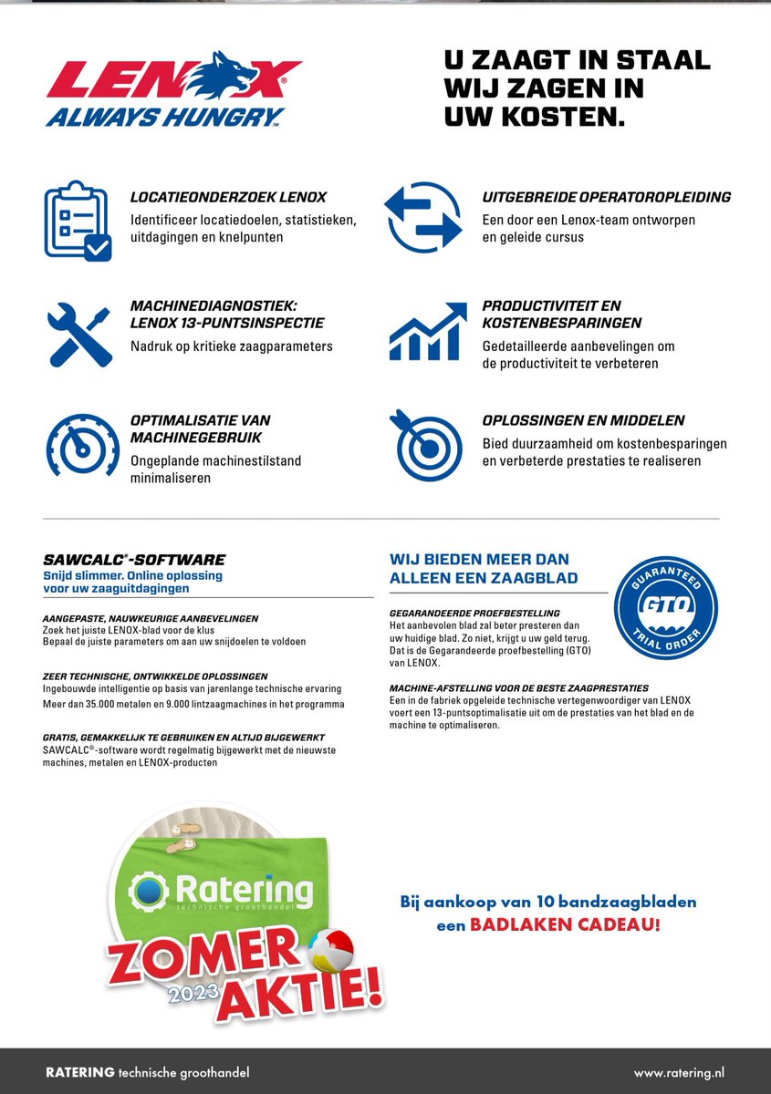 Mooie actie bij Ratering, lintzagen van Lenox. Geef de juiste afmetingen door en ontvang een set van 10 inclusief een exclusief Ratering Badlaken!

0315-695900
Verkoop@ratering.nl