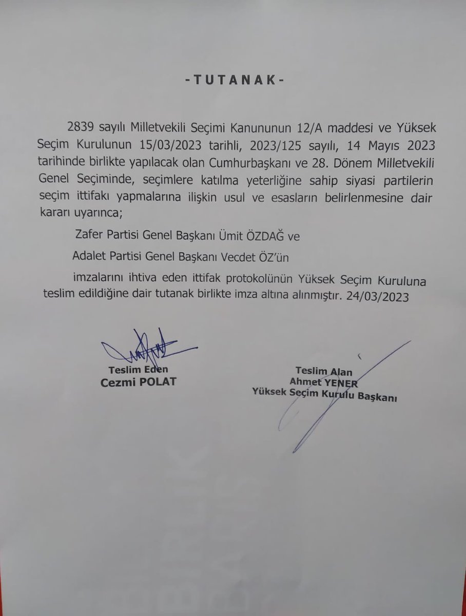Kamuoyuna duyurulur! 

Siyasi bir ittifak seçime katılma yeterliği olan en az iki parti tarafından kurulur ve ittifakın resmi muhatabı da ittifak bileşeni partilerdir. Ata İttifakı Adalet ve Zafer Partileri tarafından kurulmuş iki bileşenli bir ittifaktır ve bazı siyasi partiler