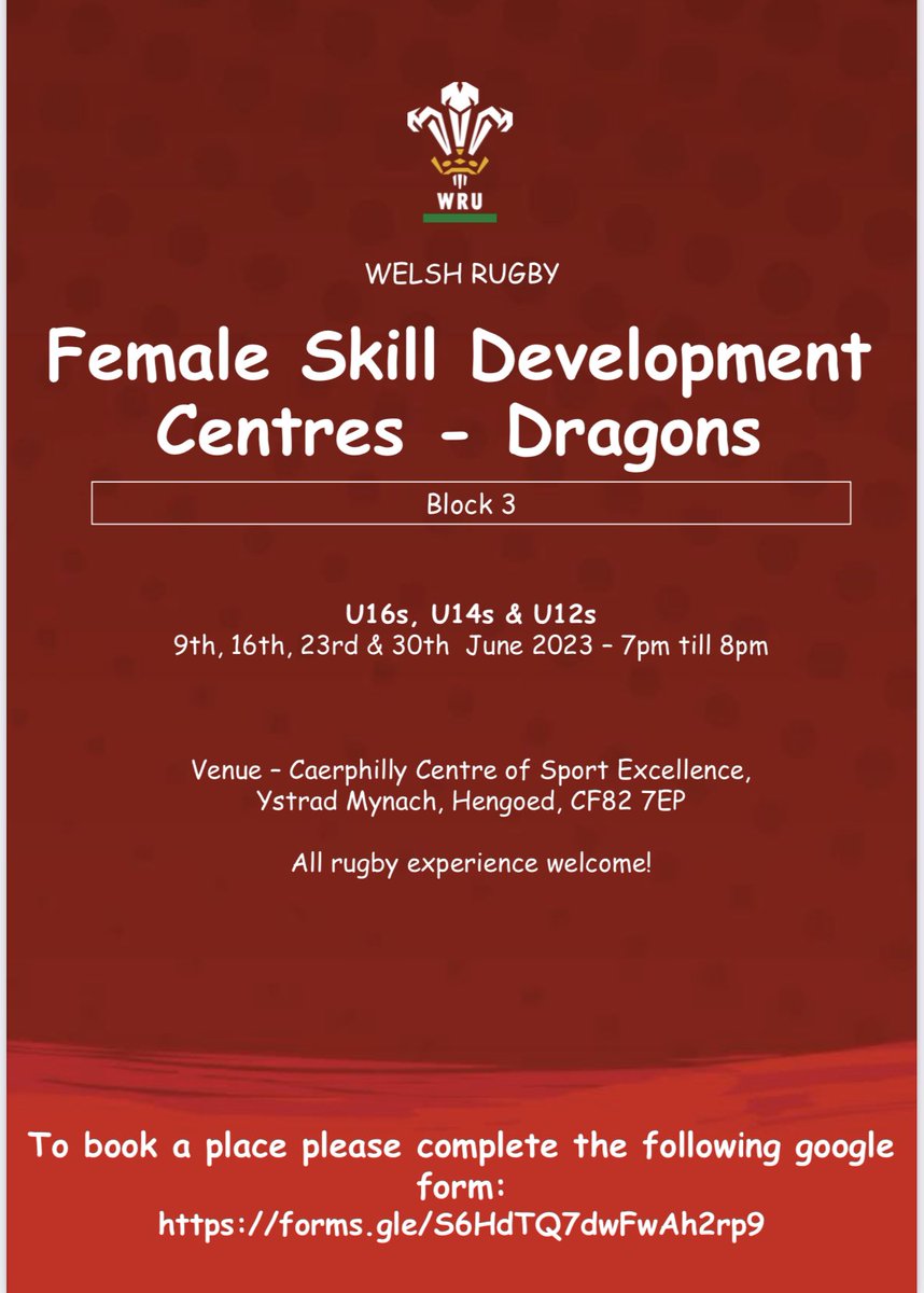 Ashleigh Collier (@ashleighjones12) on Twitter photo Skill Development Centres are back for June!
U12s - Year 6 & 7
U14s - Year 8 & 9
U16s - Year 10 & 11
No experience of rugby required.
Sign up using the link on the poster.
<a href="/WRU_Community/">WRU Community - Wrth galon y genedl</a> <a href="/DragonsHUBs/">WRU x Dragons HUBs</a> Skill Development Centres are back for June!
U12s - Year 6 & 7
U14s - Year 8 & 9
U16s - Year 10 & 11
No experience of rugby required.
Sign up using the link on the poster.
<a href="/WRU_Community/">WRU Community - Wrth galon y genedl</a> <a href="/DragonsHUBs/">WRU x Dragons HUBs</a>