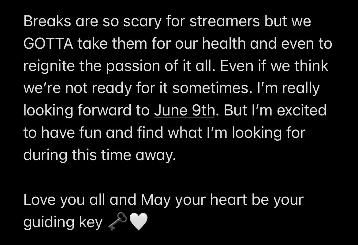 Carly 🧚‍♀️🗝 on X: I'm taking a 2 week Twitch Break pals 🥹🧚‍♀️✨ I'll be  back on June 9th (maybe the day before depending with SFG) Gonna miss  streaming but I'll still