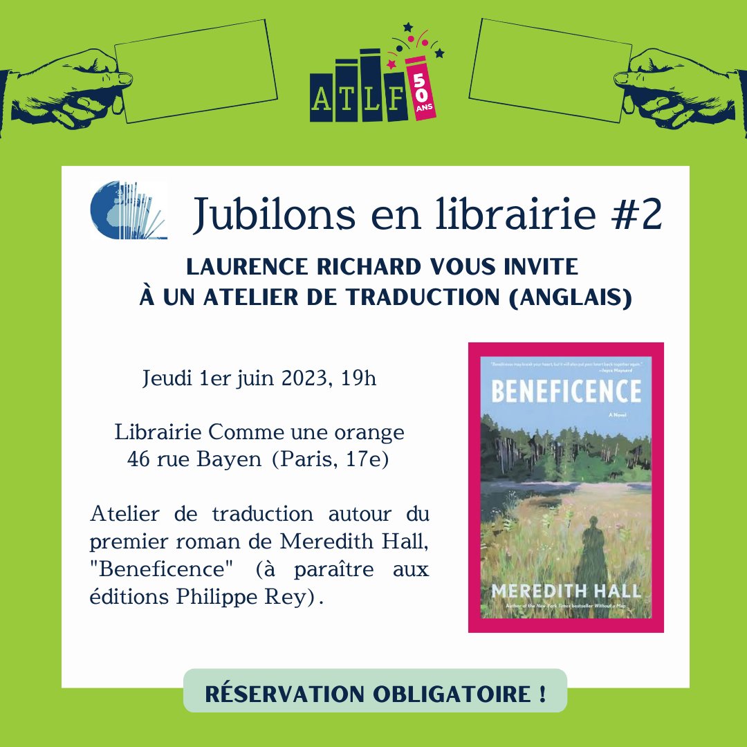 atlftraducteurs's tweet photo. Vous êtes invités par Laurence Richard à un atelier de traduction autour du roman "Beneficence" de @MerHallBooks !
⏰ jeudi 1er juin 2023, 19h 
📍 Librairie @Comme1orange (Paris, 17e)
💰 5€, réservation obligatoire à contact@commeuneorange.fr https://t.co/hVKtoKqy7X