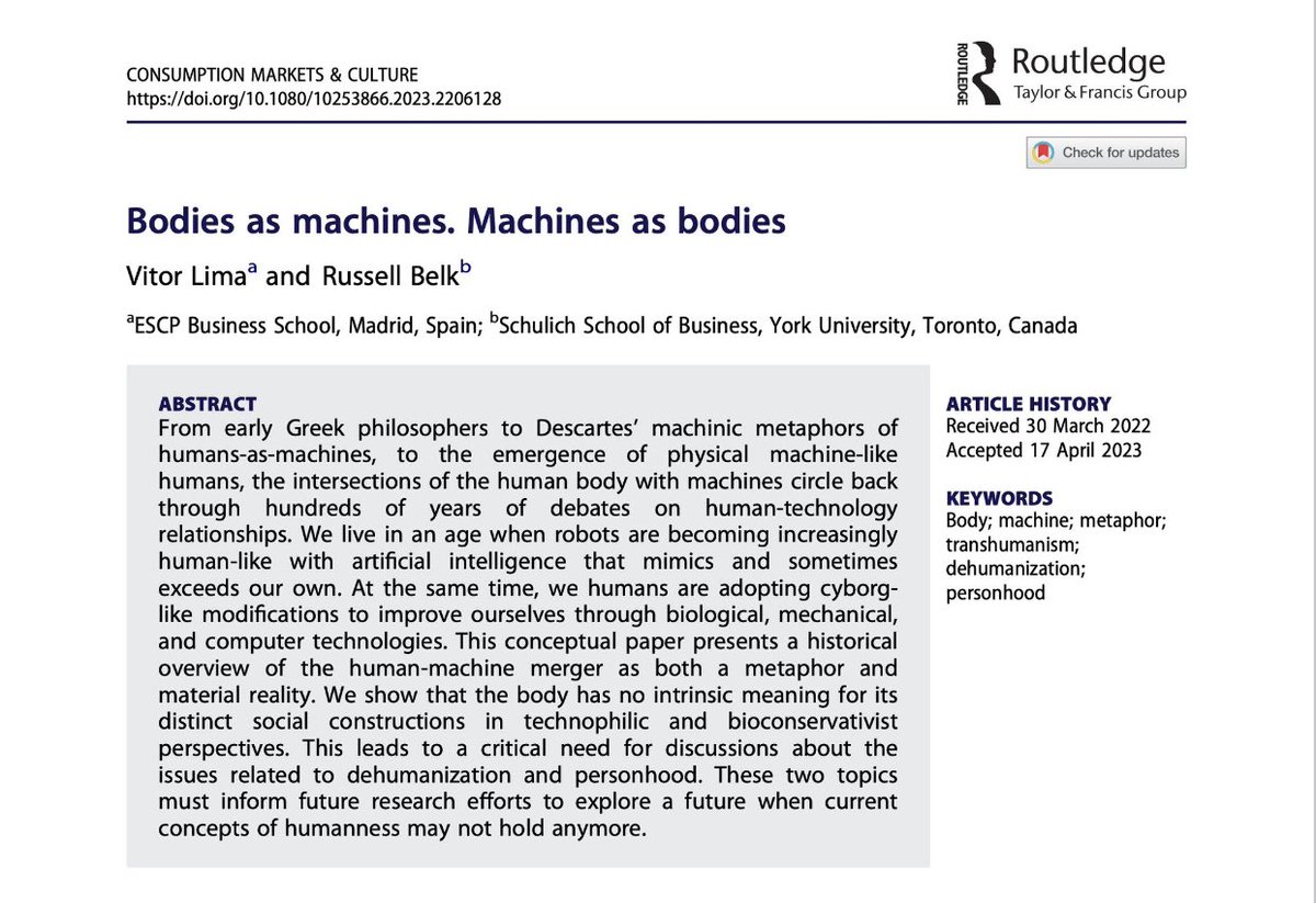 Vitor Lima, PhD (@vitormlima) on Twitter photo Interested in #philosophy and #technology? Russell Belk and I just published a new paper discussing the intersections of the human body with machines in the #transhuman and #posthuman contexts. It is available here <a href="/CMCjournal/">Consumption, Markets and Culture</a>: tandfonline.com/doi/full/10.10… Interested in #philosophy and #technology? Russell Belk and I just published a new paper discussing the intersections of the human body with machines in the #transhuman and #posthuman contexts. It is available here <a href="/CMCjournal/">Consumption, Markets and Culture</a>: tandfonline.com/doi/full/10.10…