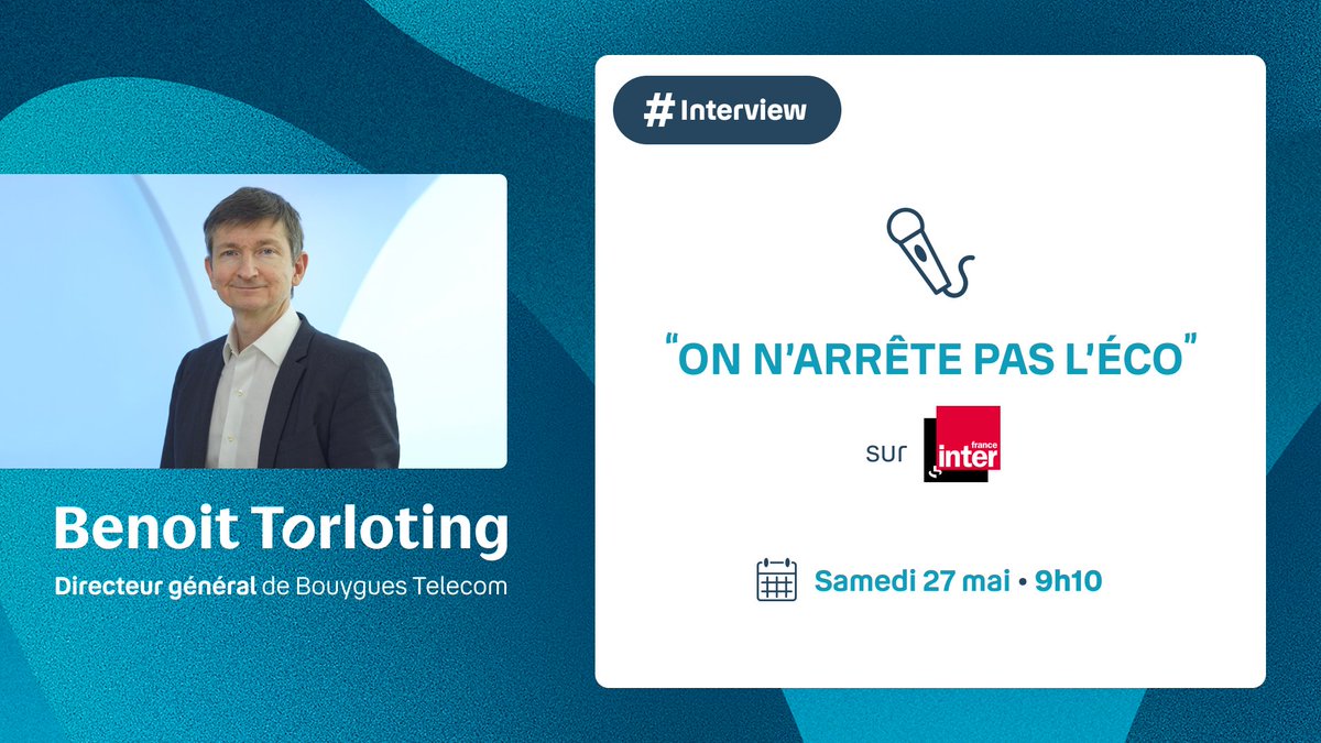 📅RDV demain samedi 27 mai - 9h10
🎙️ Suivez l'interview de @BenoitTorloting, directeur général de @bouyguestelecom au micro de @Alex_Bensaid dans l'émission #Narretepasleco sur @franceinter 

#telco #numerique #matinale #Economie