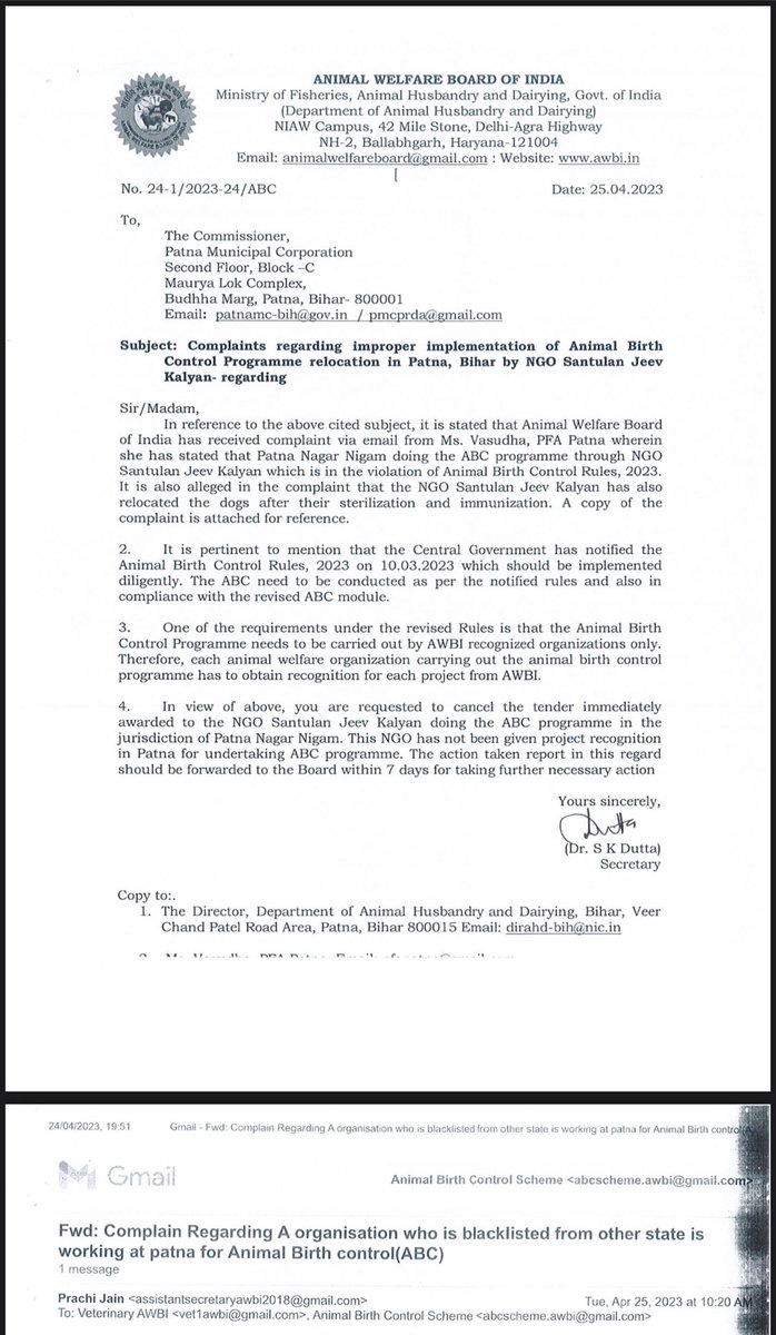 tarana2510's tweet photo. @AmbikaShukla15 @julie_dutto @Pfa_AntiCruelty @_mishra_preeti @CharuPragya @ipskabra @asharmeet02 @PetaIndia @gauri_maulekhi @PIB_India @Dept_of_AHD @PRupala @Manekagandhibjp @pfaindia @rashmigautam27 @RobRobbEdwards @_AnimalAdvocate @dr_arpit_jain @my_nmc @nashikpolice @SPNashikRural @AwbiBallabhgarh @TOINashikNews @InfoDivNashik @CMOMaharashtra @abpmajhatv @InfoNashik @MahaDGIPR @Info_Pune @InfoDhule @ranjitrajput55 @fadnavis_amruta @ANI @Marathi_Rash @amritabhinder @visually_kei @yogitabhayana @SaurabhbMT @Mahendra_Sakal @pankhuripathak @NANA_PATOLE @PawarSpeaks @nagarnigamrudra @JaipurNigam @presidentVCI Patna municipality receives reminder fromAWBI to cancel ABC tender to unauthorised agency-संतुलन जीव कल्याण mentioned throughout this🧵 
Evidence of mismanagement of programme surfaces
When will @PMCBihar take the necessary action?
CC @AwbiBallabhgarh @himansulive @Iyervval @ANI https://t.co/n1tjttMkJN