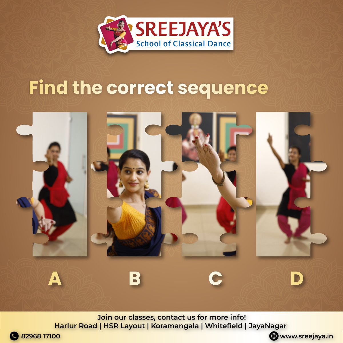 sscdsreejaya's tweet photo. Find the correct sequence
Learn Professional #Bharatanatyam from Sreejaya's School of #ClassicalDance
#Indianclassical #classicaldanceclasses #bharatnatyamdance #DanceStudio #Dance #indianclassicaldance #bharatnatyamlove #bharatnatyamdiaries #quiz #puzzle #puzzletime #PuzzleGame https://t.co/guOWD8J3Hp