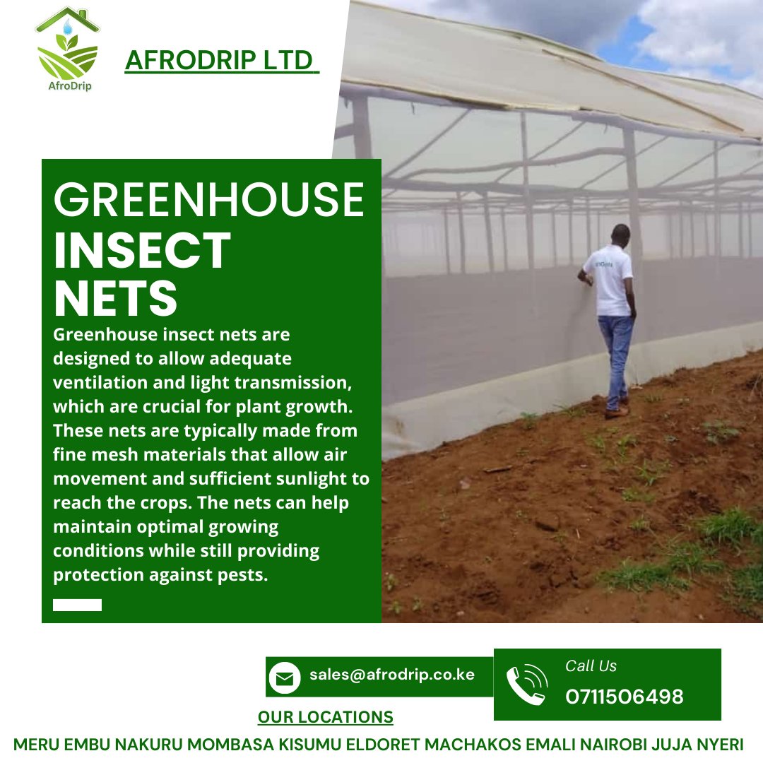 Afrodrip_ltd's tweet image. Greenhouse insect nets offer multiple benefits, including pest exclusion, disease prevention, improved crop quality, reduced chemical usage, natural ventilation, light transmission, pollination enhancement, and season extension.

#afrodrip #insectnet #greenhouse #smartfarming