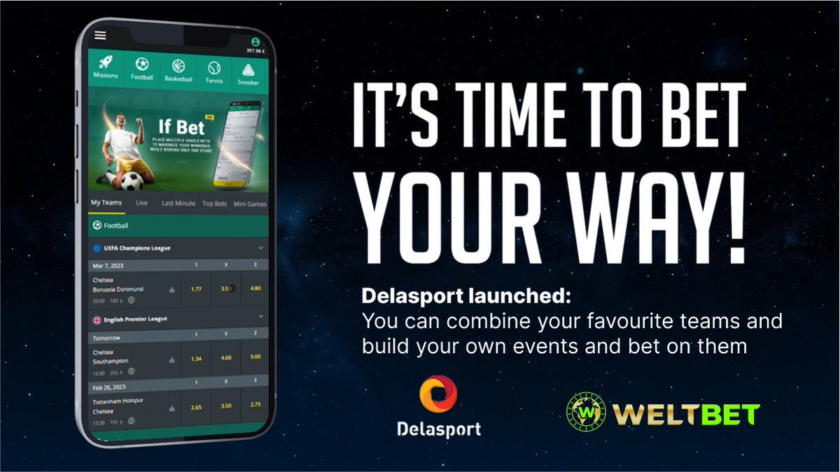 #WeltBet

Delasport launched: You can combine your favorite teams and build your own events and bet on them

weltbet.com/sports
#betsport #sportbetting #UEFA #EuropeLeague #football #soccer #Championship #raheem #sane #goal