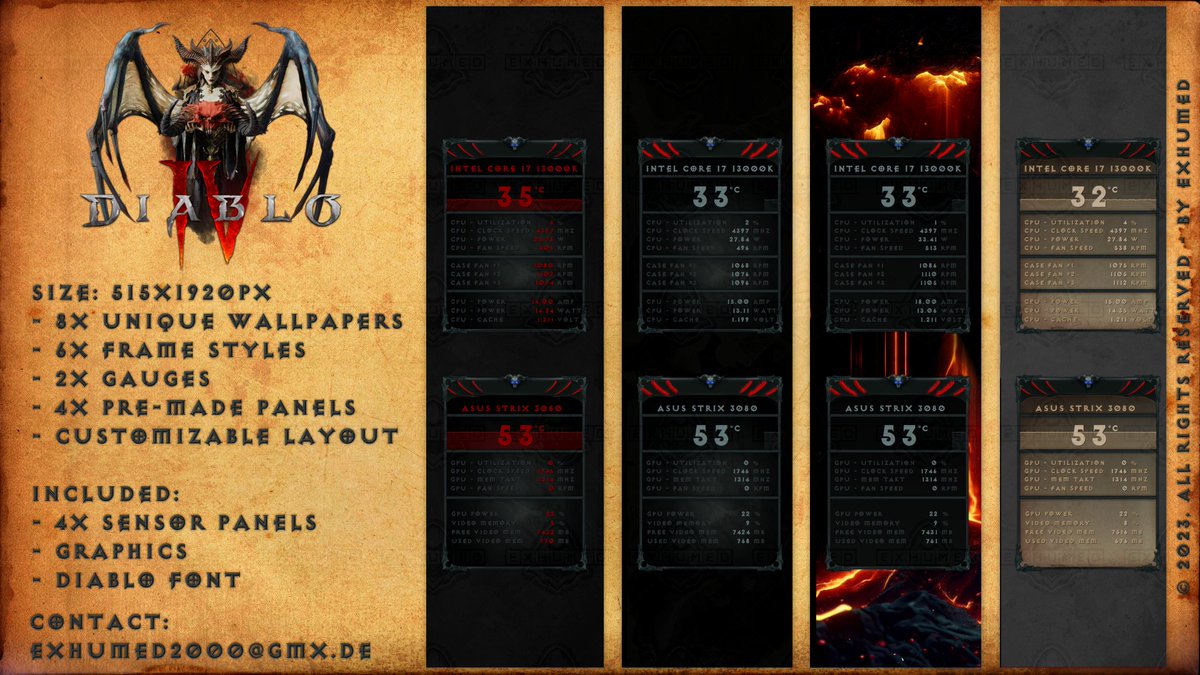 3xhumed's tweet photo. I created a Diablo IV - Aida64 sensor panel. Size: 515x1920px. With 4x pre-made styles and 8x wallpapers. 2x gauges (blue breathing skull eyes, red glowing scratches) included. PayPal only! https://t.co/b11oflkfYm #DiabloIV #Diablo4 #Aida64 #sensorpanel https://t.co/IaEJ9DHCjv
