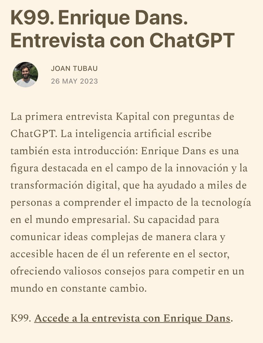 joantubau's tweet photo. La primera entrevista Kapital con la colaboración de ChatGPT. No formula malas preguntas pero sin embargo les falta alma. @edans era el invitado perfecto para testearlo 🤖 https://t.co/dnUGNwrXQM https://t.co/U2RsTWBZQF