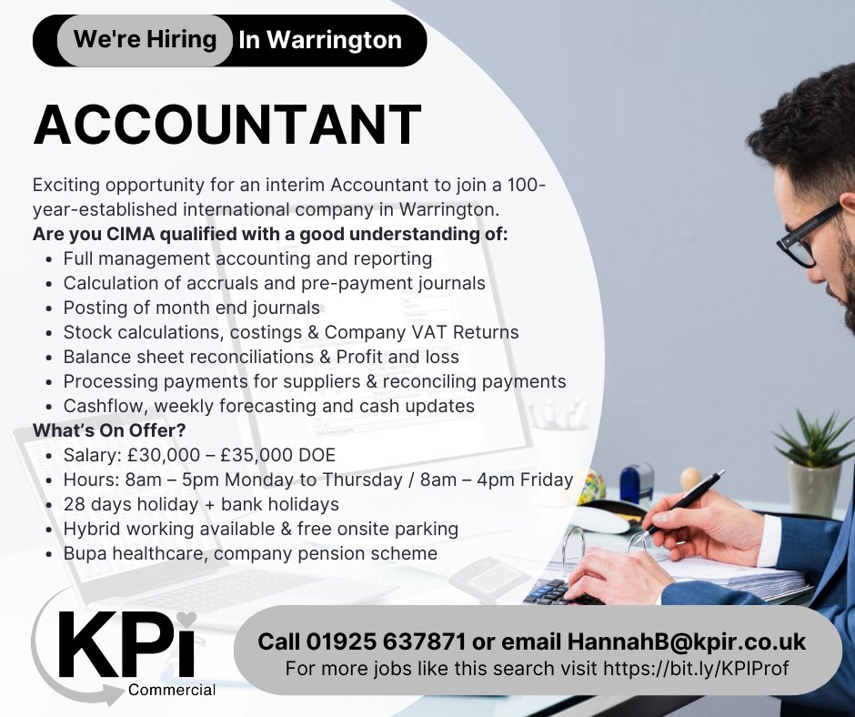 Interim ACCOUNTANT, Warrington. £30k - £35k DoE. Must be CIMA qualified. Call Hannah at KPI on 01925 637871 or email HannahB@kpir.co.uk. Find all our jobs here: bit.ly/KPIProf #warringtonjobs #accountantjobs #accountancyjobs