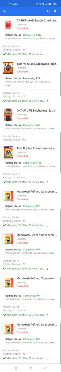 I Ordered this Groceries for my home at 17 May(online payment)And and I did not receive it in time(21May)then they gave me another date(24May)also I not received and I contact Flipkart they say me your order will be delivered in 28 May and now it is cancelled by Flipkart.Why 😡