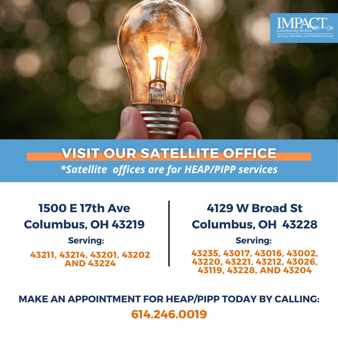 If you need assistance with HEAP and PIPP, visit our satellite office for help. 

Find your zip code and call 614-246-0019 to make an appointment today!