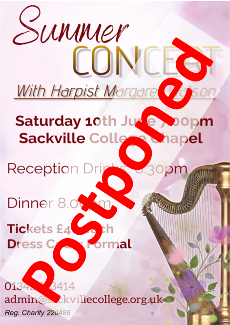 Unfortunately, the Harp Recital and Dinner on the 10th of June has had to be postponed. Please look at the website and future emails for information on when it can be rescheduled.