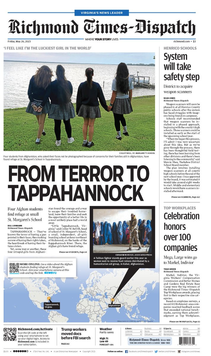 A1 of today's Richmond Times-Dispatch features four Afghan girls who have found refuge in the Sisterhood of St. Margaret's School. Read and share the full story: loom.ly/VqCUEas