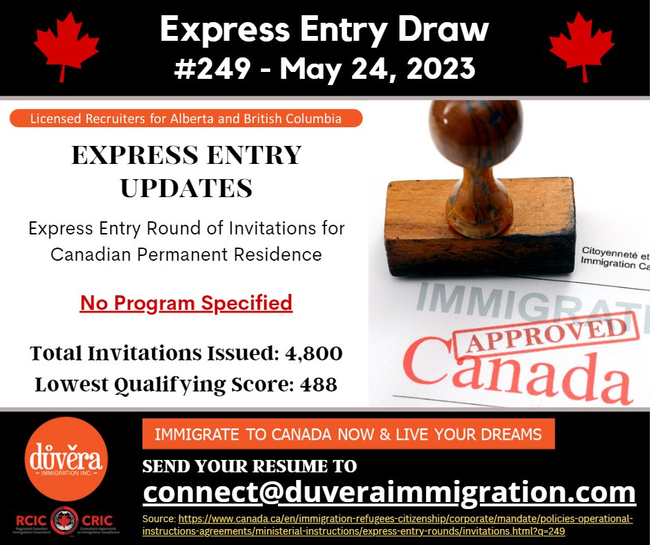 #BreakingNews: #ircccanada holds #249 'No Program Specified' #expressentrydraws on 24th May 2023 inviting 4,800 applicants with the cut-off score as 488!

Move to this wonderful country and accelerate your life! Immigrate With Us🤝