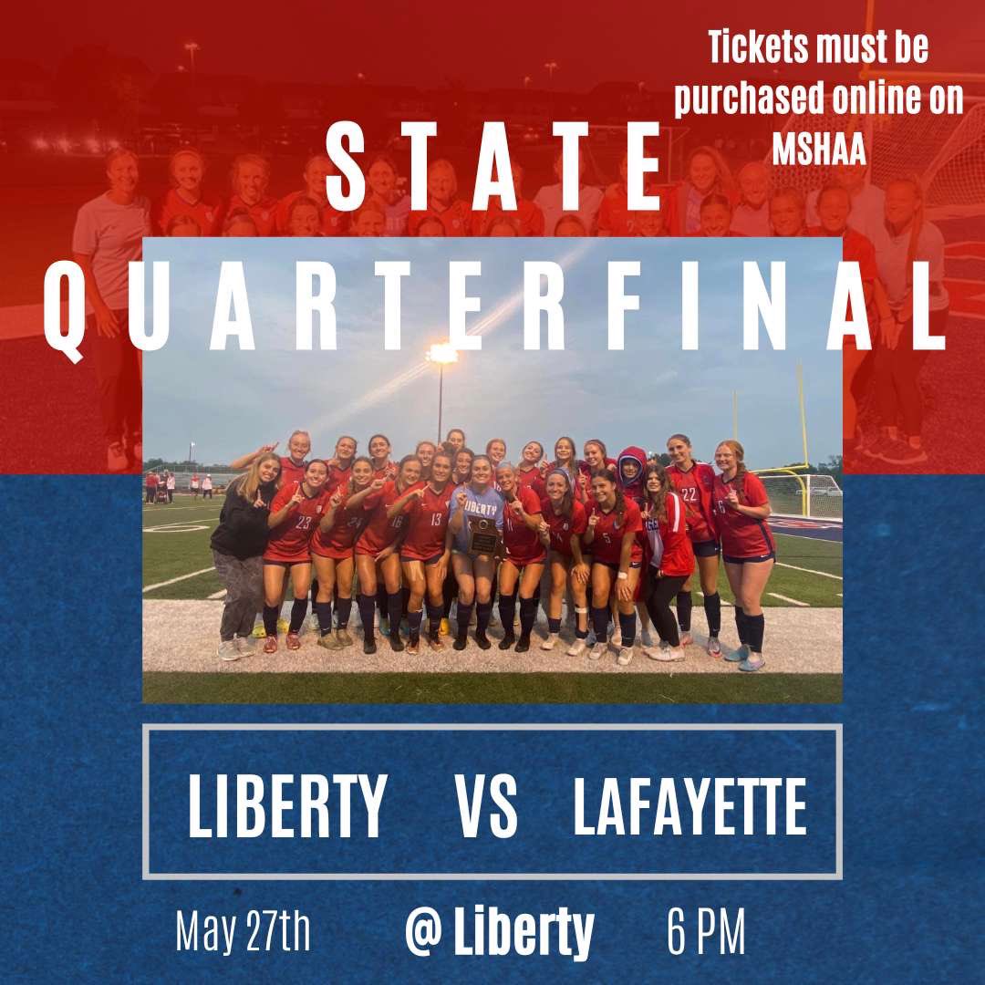 ⚽️Varsity Soccer Quarterfinals⚽️
📍:The Nest
⏰ :May 27th 6pm
🆚: Lafayette🤮

Come out tomorrow and support our Eagles as they take on Lafayette!! We gotta be loud!! Make sure to get your tickets online. NO CASH AT GATE!
<a href="/EaglesLibertyAD/">LHS Activities</a> <a href="/GirlsSoccerLHS/">Liberty Girls Soccer</a>
 
mshsaa.org/CMSPages/Ticke…