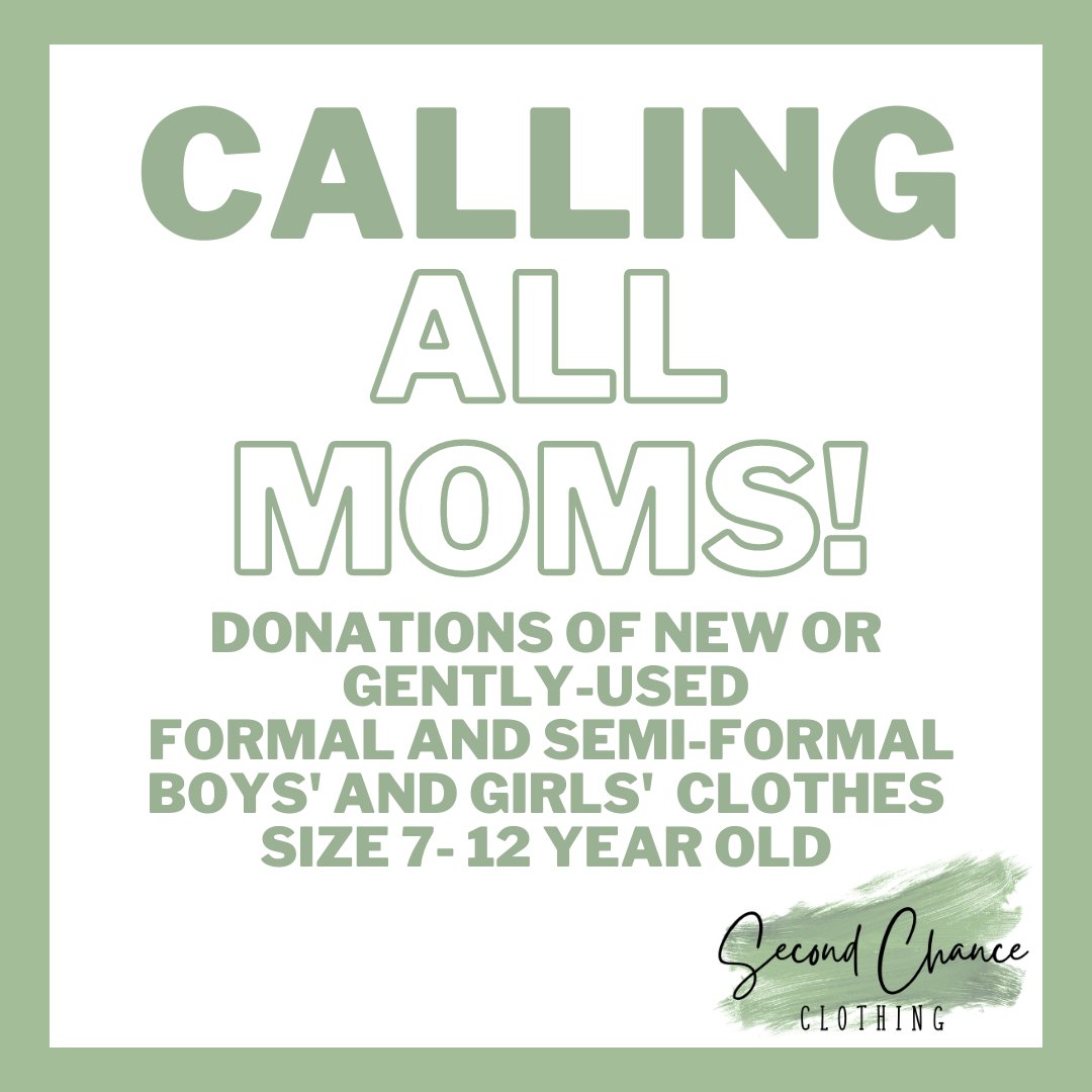 SecondChanceON's tweet photo. Calling all Moms! As you are changing your children's wardrobes, please considering donating to Second Chance Store new or gently used children's clothes. In particular, we are looking for donations of formal and semi-formal boys' and girls' clothes size 7-12 years old. https://t.co/9sS9S0SlyW