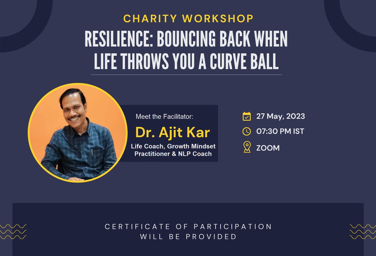 drajitkar's tweet photo. Join the Certificate Masterclass on “Resilience: Bouncing Back When Life Throws You a Curve Ball”. The cause for this workshop is Charity 😊

#science #content #charity #energy #resilienceatwork #resiliencebuilding #resiliencetraining #Resilience https://t.co/PMQ1PegNHr