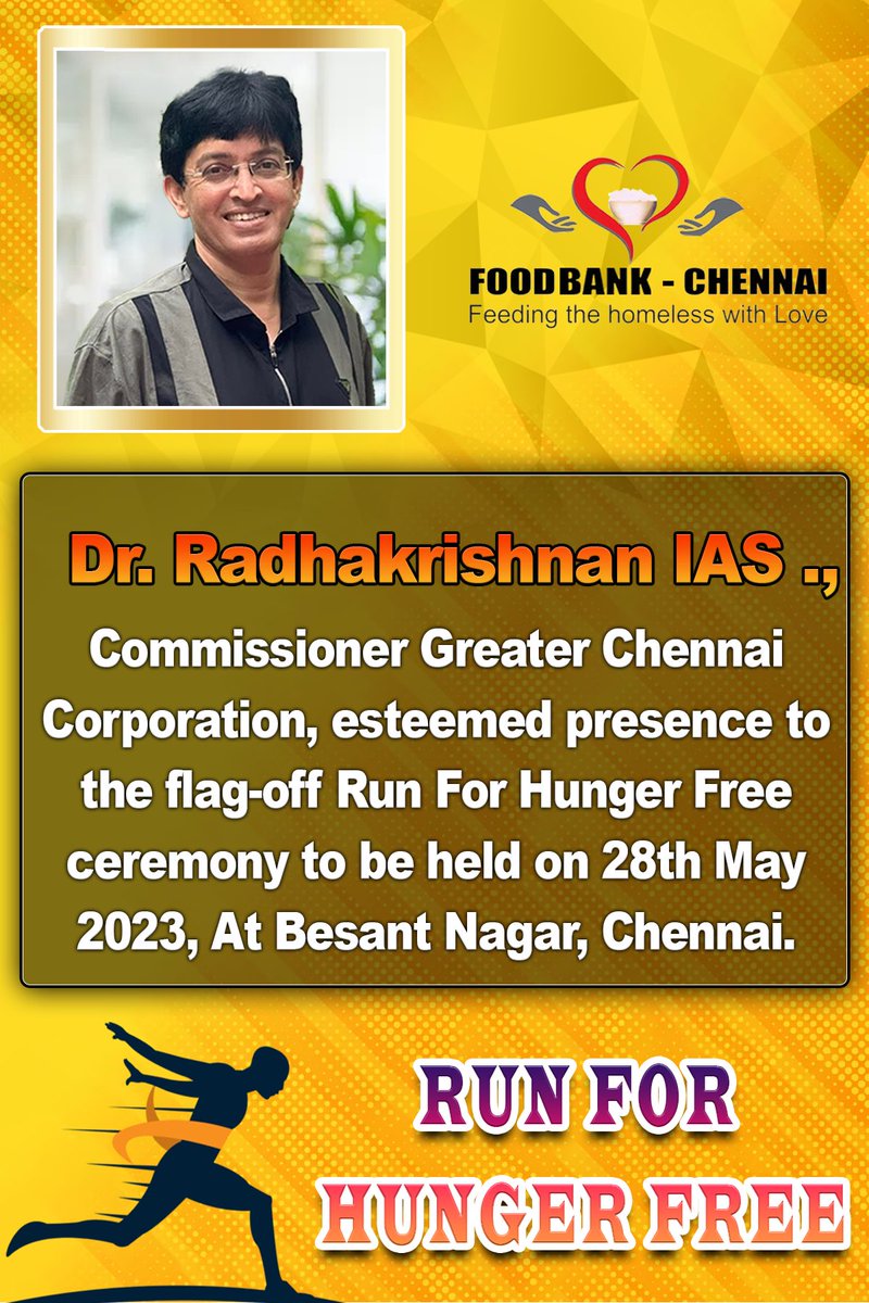 snehamohandoss's tweet image. Thank You Dr. Radhakrishnan IAS @RAKRI1 @chennaicorp Commissioner For Accepting Our Invite To Support #RunForHungerFree Awareness Run On World Hunger Day. 

FOOD BANK - CHENNAI FOOD BANK-India RUN FOR HUNGER FREE
#WorldHungerDay #FoodBankChennai 
@WHO @fssaiindia