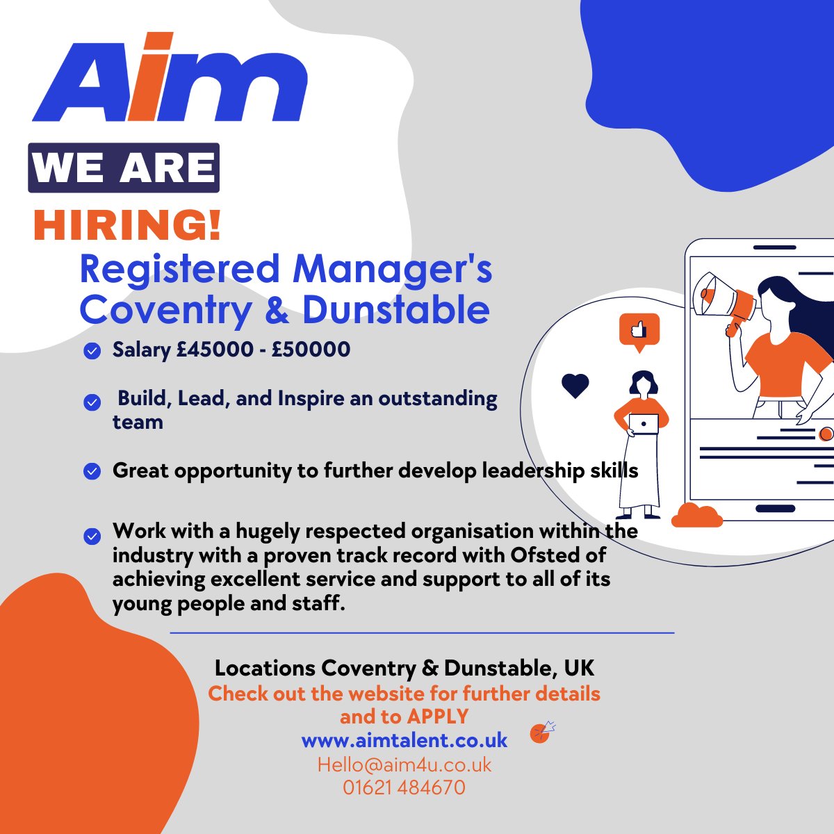 📢Calling all Registered Managers in the #Coventry & #Dunstable areas. Are you looking for a new fresh challenge? Get in touch with Alexander Neal on 01621484670 to discuss further.

aimtalent.co.uk

#registeredmanager #coventry #dunstable #aim4u #opportunity #manager